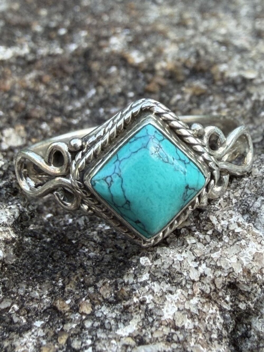 925 Sterling Silver Square Turquoise Ring Size 8 Southwestern Filigree